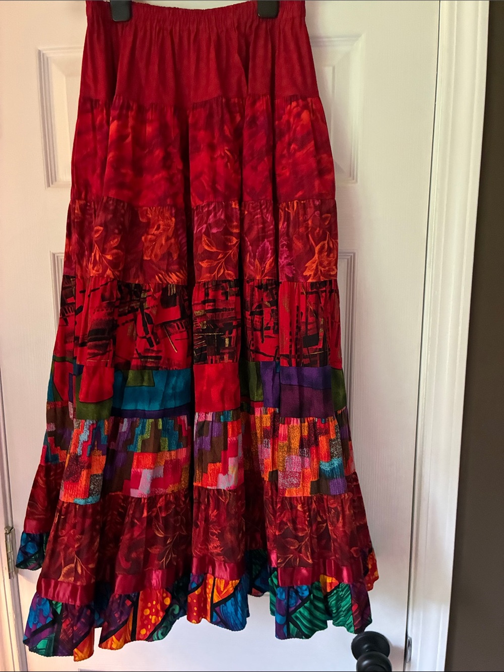 Anna Konya Vintage Limited Edition Boho Tiered Red Patchwork Maxi Skirt OS
